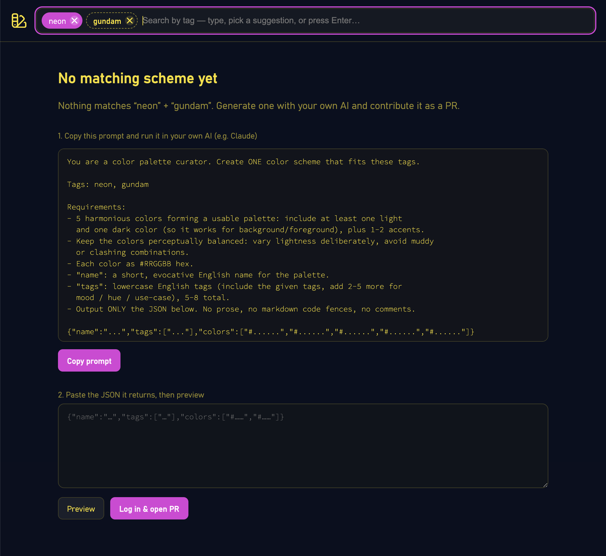 The prompt to generate a scheme, plus the JSON paste and submit form, shown when a search has no matches